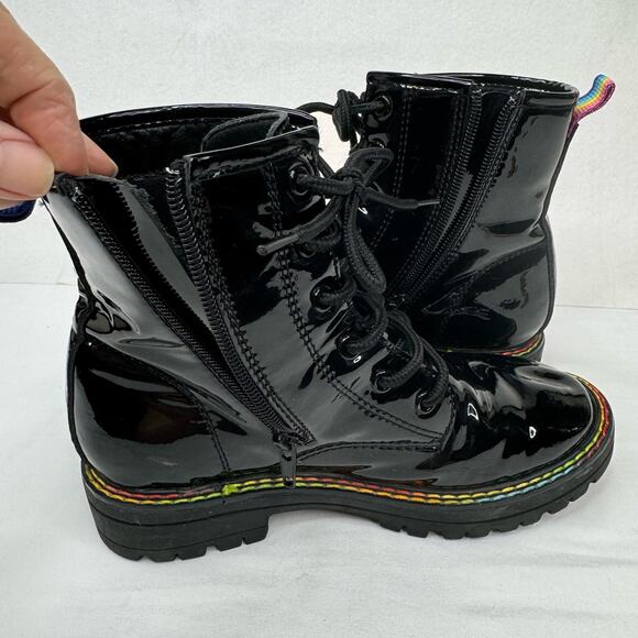 Kurt Geiger Girls Black Patent Leather Birdie Combat Boots Rainbow Accent Size 3 - Picture 9 of 12